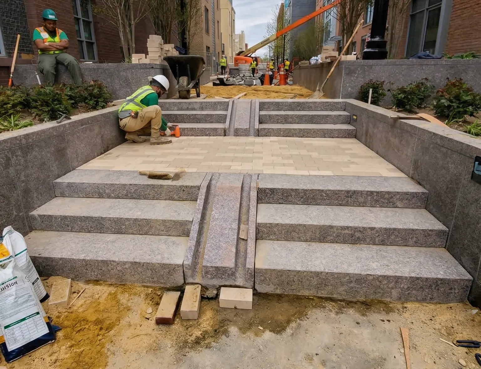 Keystone crew building granite steps and setting pavers at a plaza entry