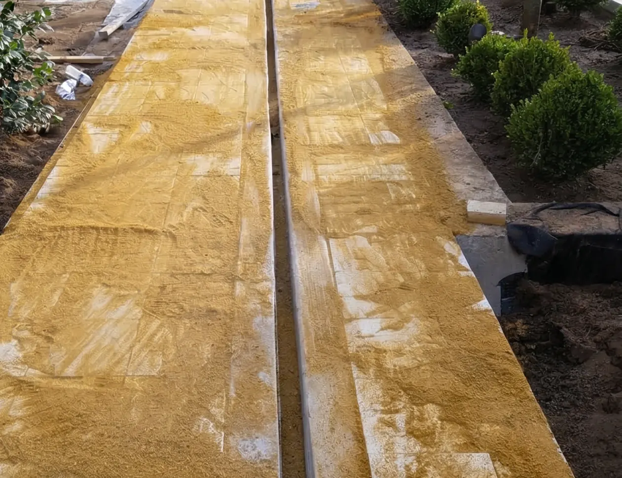 Walkway base with a center guide line and fresh planting beds, set out before construction