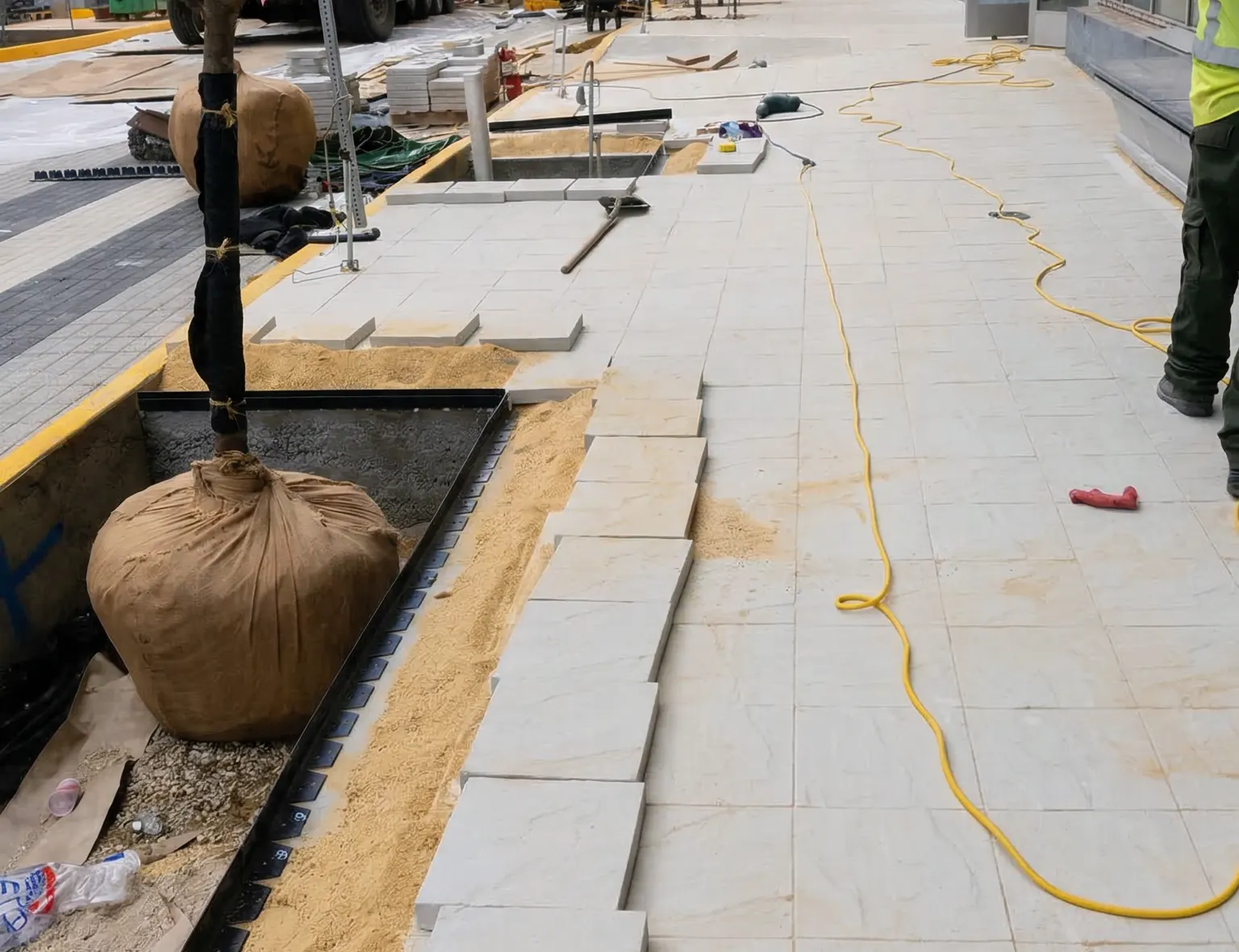 Street tree with burlapped root ball set in its pit beside fresh pavers