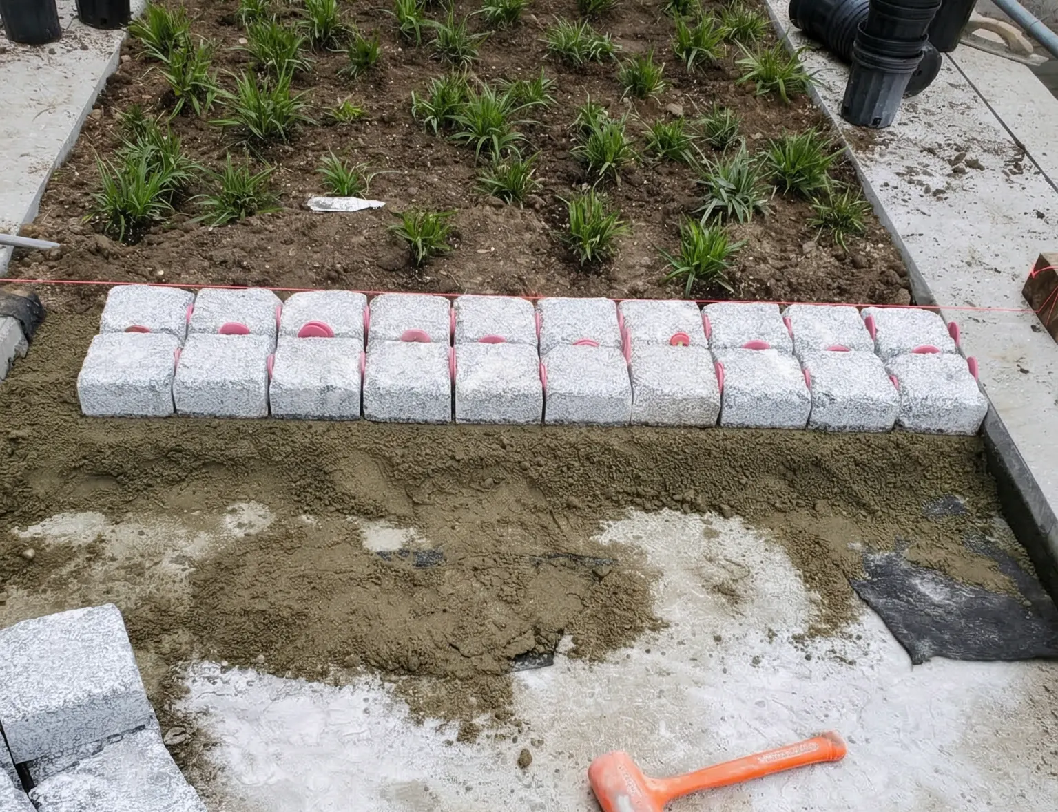Fresh planting beds with young perennials and a row of granite cobbles being set