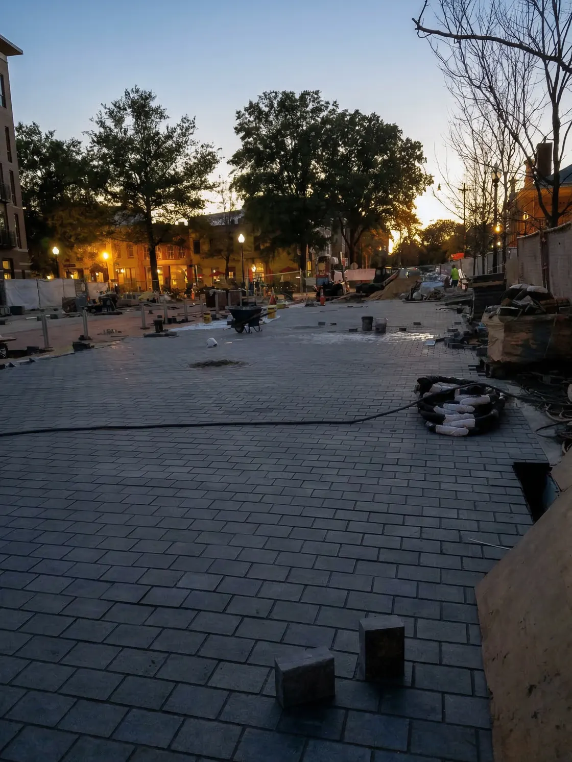 Plaza at dusk with young trees and warm lights, built by Keystone in Georgia
