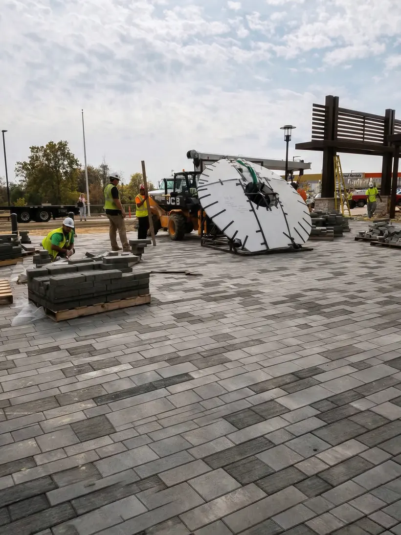 Crew installing sculptural stone discs on a plaza