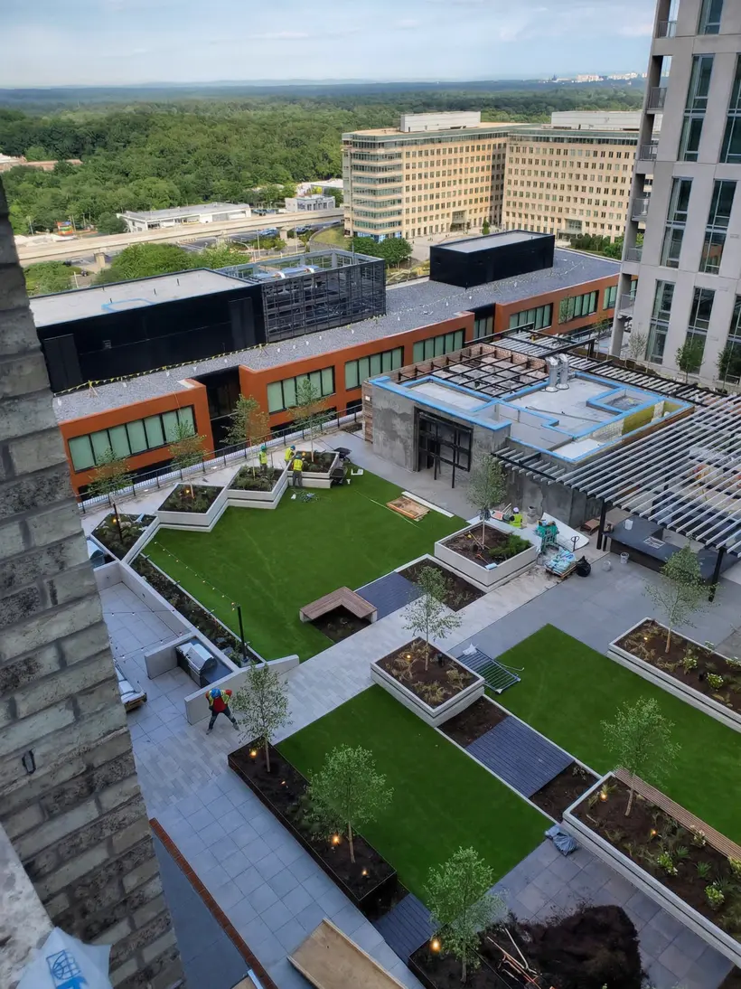 Aerial view of patios with green roofs