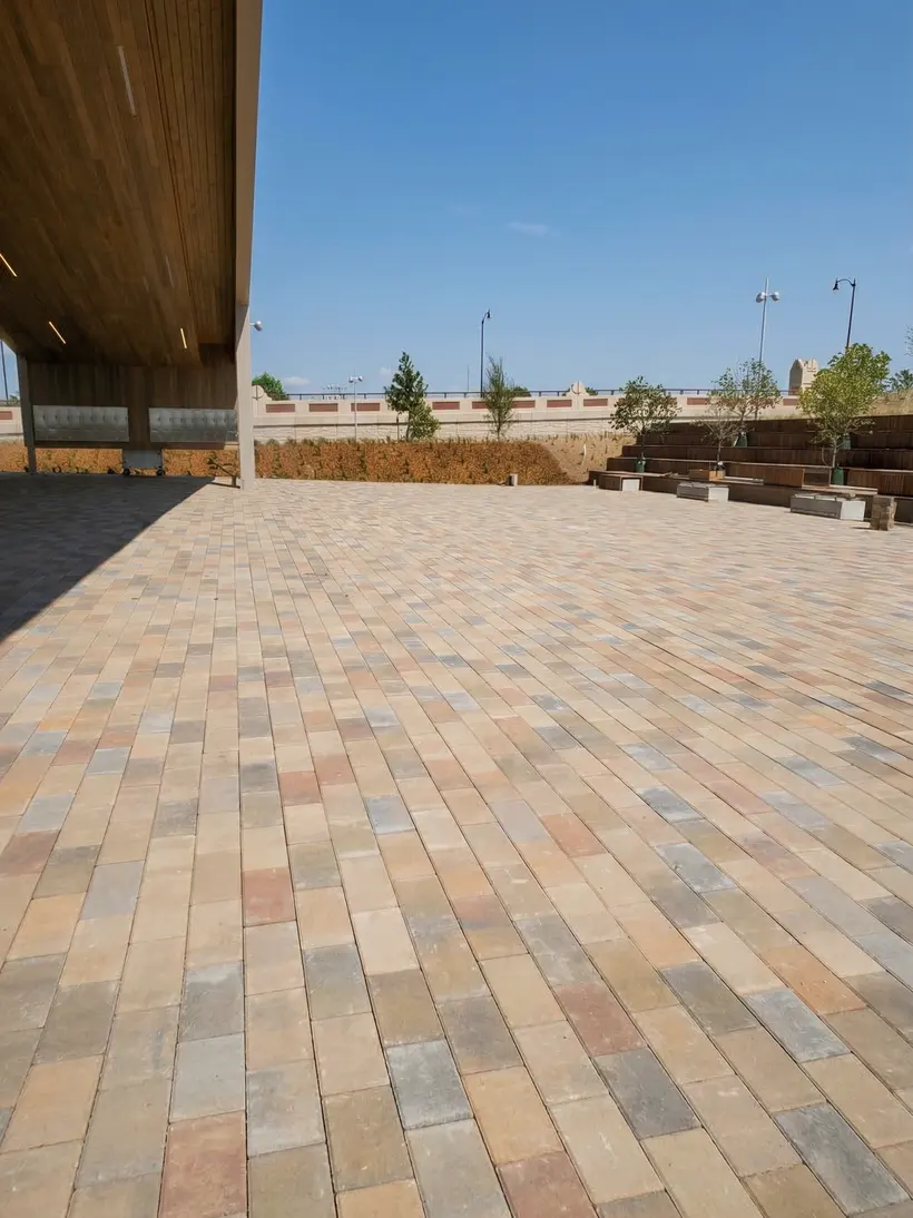 Rooftop terrace with a wood-slat canopy overlooking the city skyline