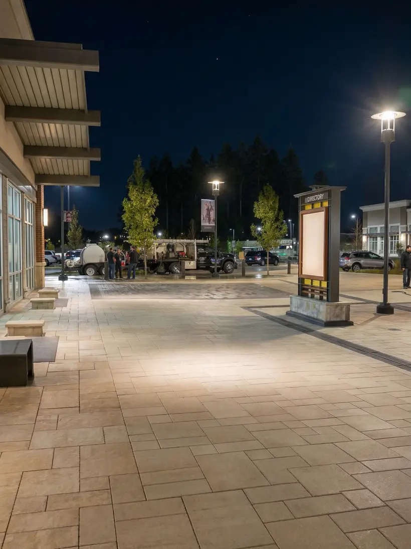 Wide plaza at night with wayfinding totems