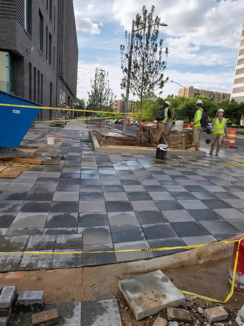 Crew planting pines on a plaza