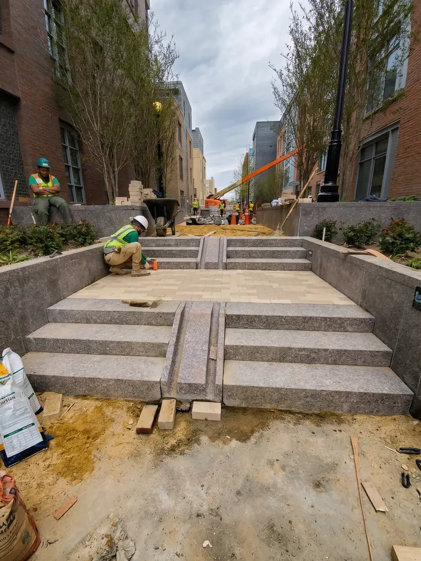 Crew building granite steps
